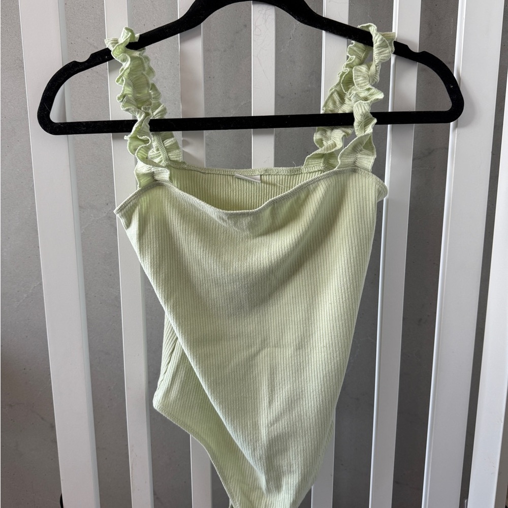 Sunday Best Pale Green Ribbed Ruffle-Strap Bodysuit